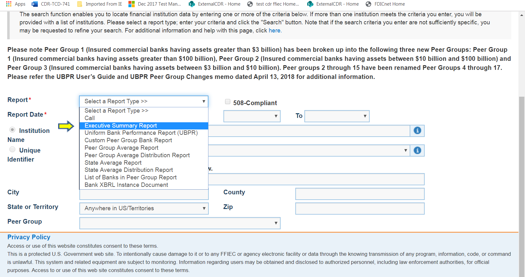 Select the Executive Summary Report from the Report drop down menu